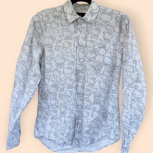 Deter XS Men's Hello Kitty White Gray Button Down Collared Shirt Kawaii Pastel